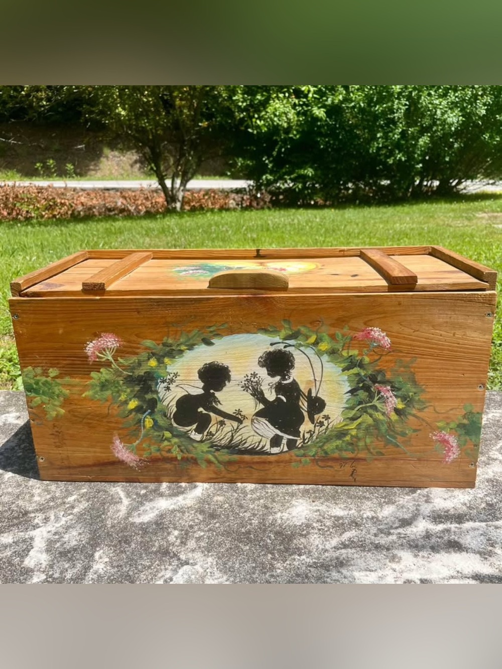Vintage Handmade Wood Storage Box Folk Art Children Floral Hearts Cottage Whimsy